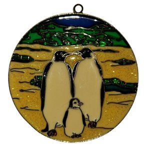 Vintage 90s Handmade Stained Glass Family Of Penquins Suncatcher Ornament Round